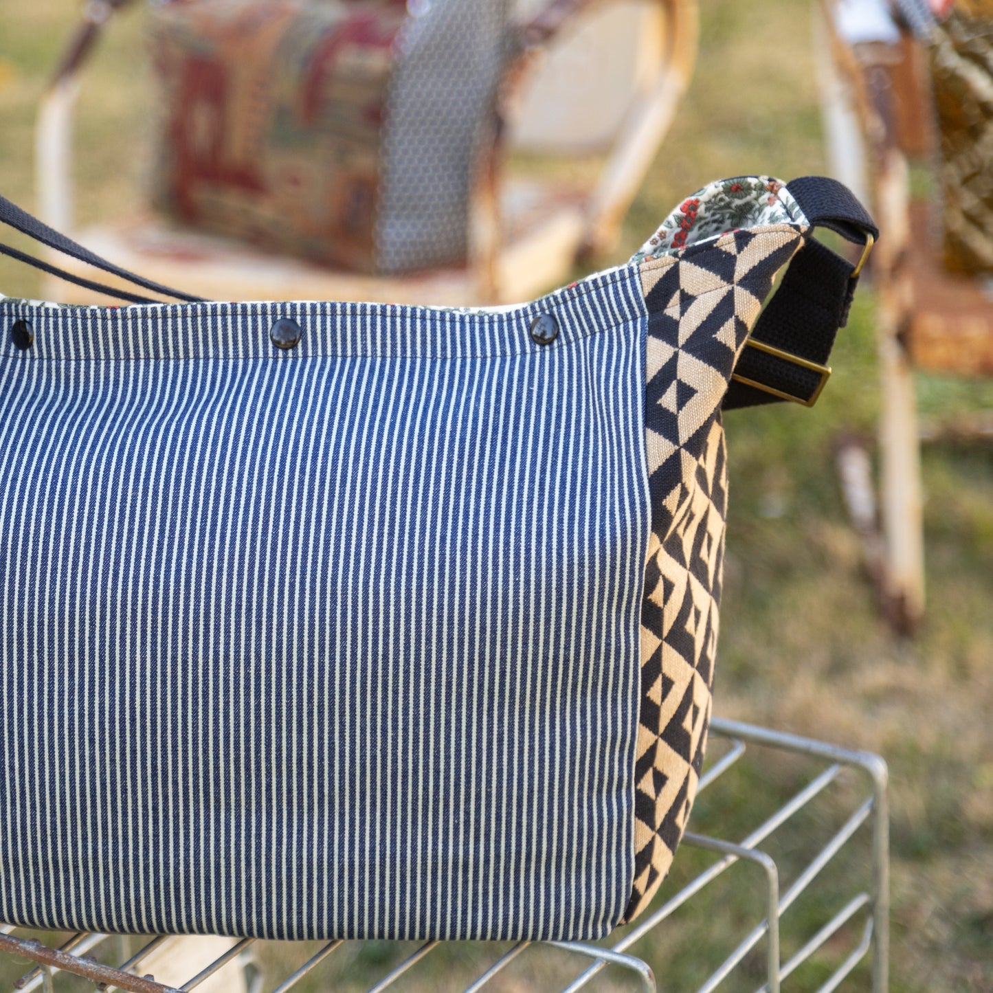 Shoulder bag in hickory stripe and diamond check